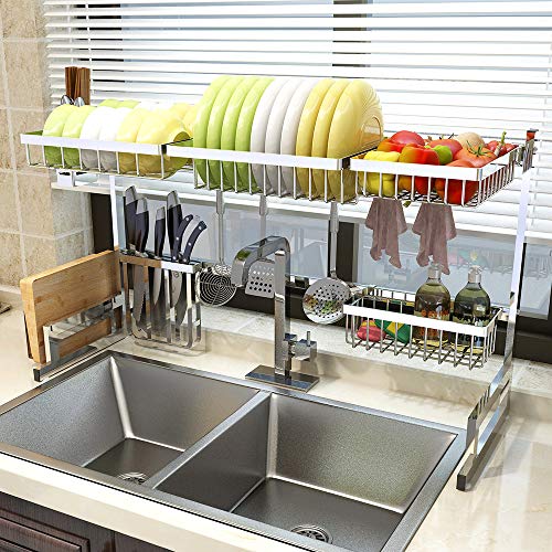 Over Sink(33) Dish Drying Rack, 2 Cutlery Holders Drainer Shelf for Kitchen Supplies Storage Counter Organizer Stainless Steel Display- Kitchen Space Save Must Have (Sink size33 1/2 inch, silver)
