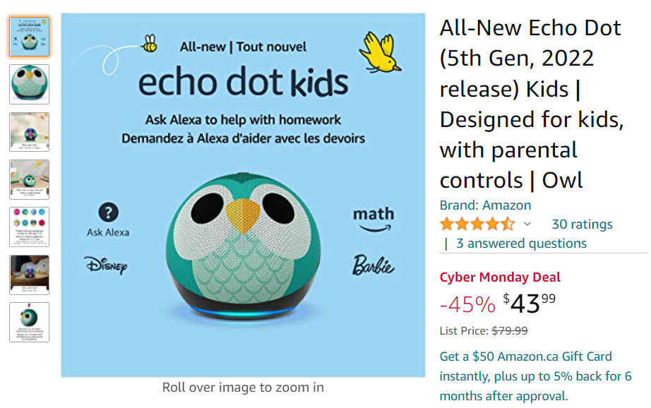 Amazon.ca Cyber Monday Deal: Owl Echo Dot For Kids 5th Generation $43.99 (save 45%)