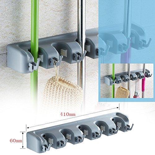 New mop broom holder wall mounted garden tool organizer space saving storage rack hanger with 5 position with 6 hooks strong grip holds up to 11 tools for kitchen garden and garage