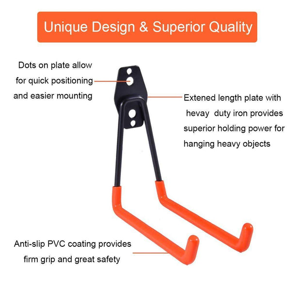 Save garage hooks heavy duty storage utility hangers wall mount garage orgnaizier with extended double arms for ladders bikes heavy tools garden hoses and other bulky items 4 pack orange color