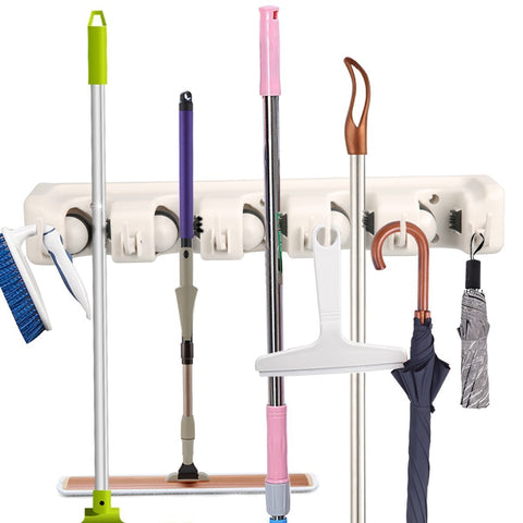 Storage mop broom holder wall mounted storage rack with 5 ball slots and 6 hooks for closet rakes broom garden garage tool storageoff wihite