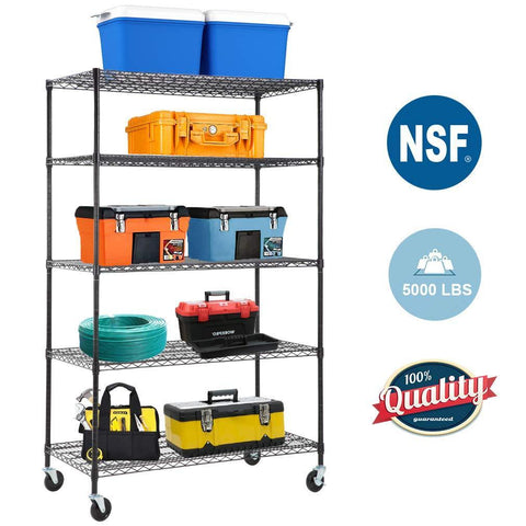 Order now 5 wire shelving unit steel large metal shelf organizer garage storage shelves heavy duty nsf certified commercial grade height adjustable rack 5000 lbs capacity on 4 wheels 24d x 48w x 76h black