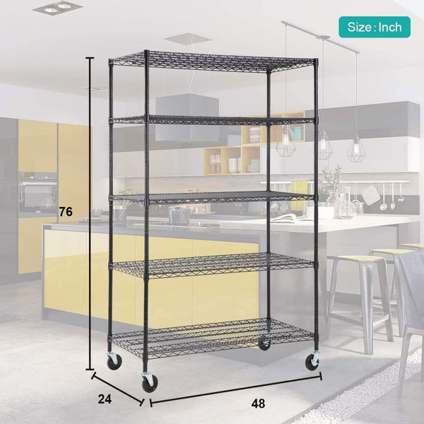 Organize with 5 wire shelving unit steel large metal shelf organizer garage storage shelves heavy duty nsf certified commercial grade height adjustable rack 5000 lbs capacity on 4 wheels 24d x 48w x 76h black