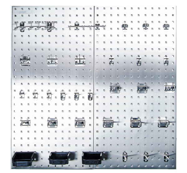 Triton Products LB18-SKit Stainless Steel LocBoard Assortment with Two 304 Stainless Steel Square Hole Pegboards with 32 piece Stainless LocHook Assortment and 3 Plastic Hanging Bins