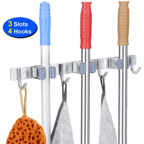 Shop here mop broom holder wall mounted 3 position 4 hooks saving space storage rack stainless steel tool holder ideal utility racks for room kitchen bathroom garden garage offices light grey