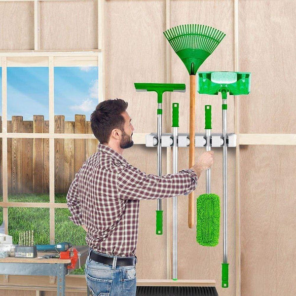 Best mop broom holder garden tools wall mounted commercial organizer saving space storage rack for kitchen garden and garage laundry offices5 position with 6 hooks