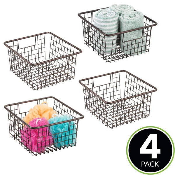 Storage mdesign farmhouse decor metal wire storage organizer bin basket with handles for bathroom cabinets shelves closets bedrooms laundry room garage 10 25 x 9 25 x 5 25 4 pack bronze