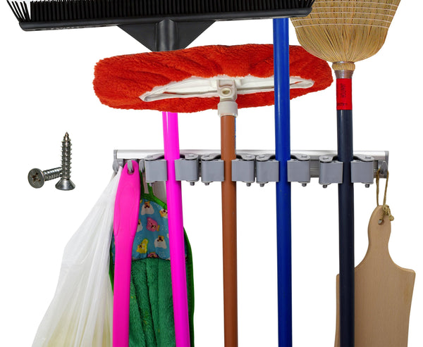 Save on not yet another mop broom holder clips hold everything better than rollers 4 sliding grippers and 4 hooks wall mount on aluminum rack by 2 screws only tools organizer for garden garage or closet