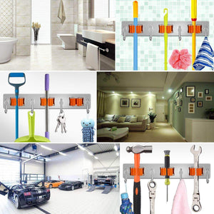 Select nice broom and mop holder with storage hooks wall mounted no drill 3m self adhesive tool organizer stainless steel base anti slip silicone handle gripper for home kitchen garden garage storage systems
